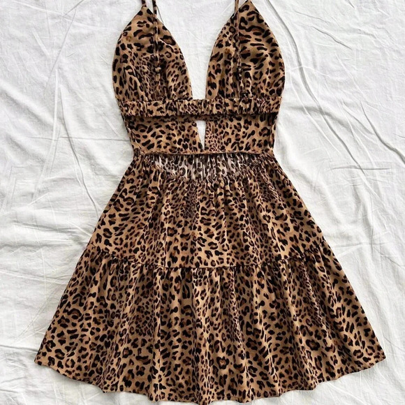 Multicolor Sexy Women's Leopard Print Layer Hem Cami Dress - Picture 2 of 5